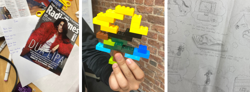 3 images - 1 is a desktop showing a poem about Dua Lipa next to a Radio Times cover art. Pens and scissors are visible around the edges. 2 is a lego model of a tree with a black brick in the middle. 3 is a photo of a pencil sketch of a person asleep in bed dreaming of the different activities they like to do, including camping, reading, computer graphics and horse riding.