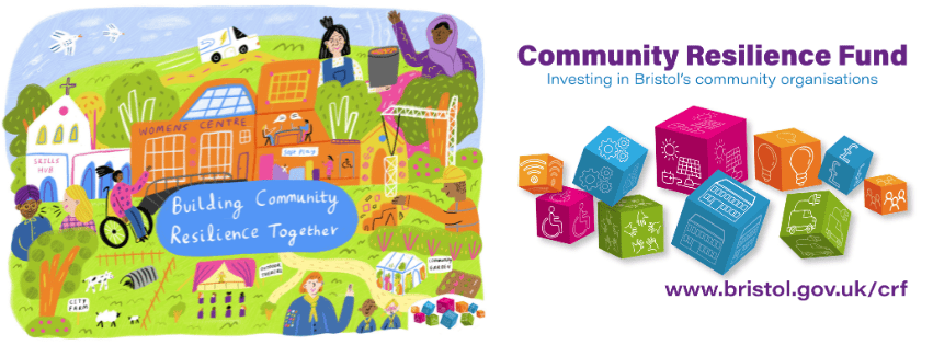 A hand-drawn visualisation titled "Building Community Resilience Together". The brightly coloured image shows a blue sky and lots of green space, with community buildings in the centre including a church, women's centre, soft play, workspace and a skills hub. Surrounding these are a small farm, veg gardens, outdoor theatre and a building site. In the back of the image is an electric van. Dotted across the image are people enjoying the community facilities. On the right hand side of the image is the Bristol Community Resilience Fund logo which consists of a series of brightly coloured cubes.